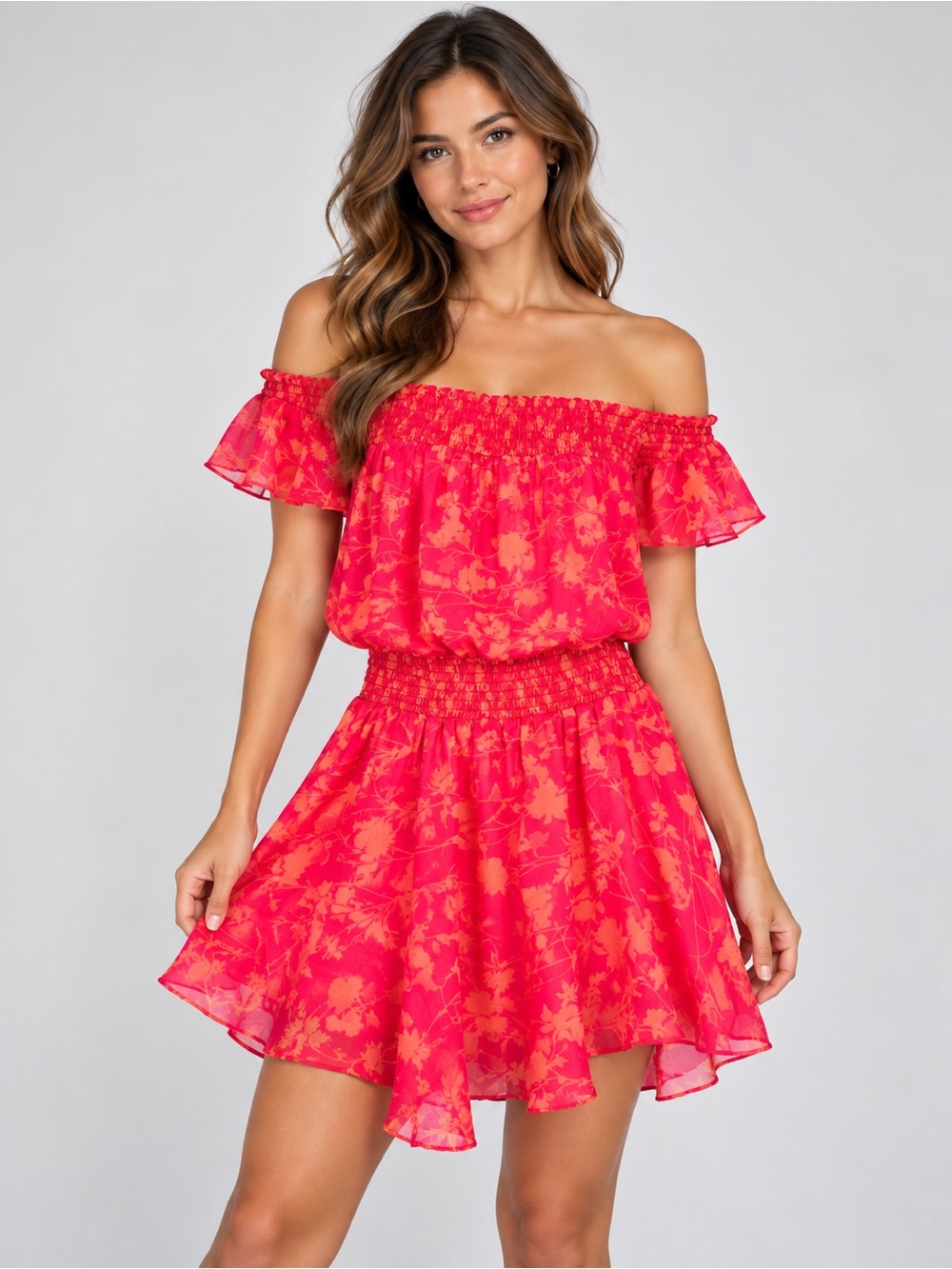 Amanda Uprichard Pink Floral Off-Shoulder Mini Dress XS Smocked Ruffle